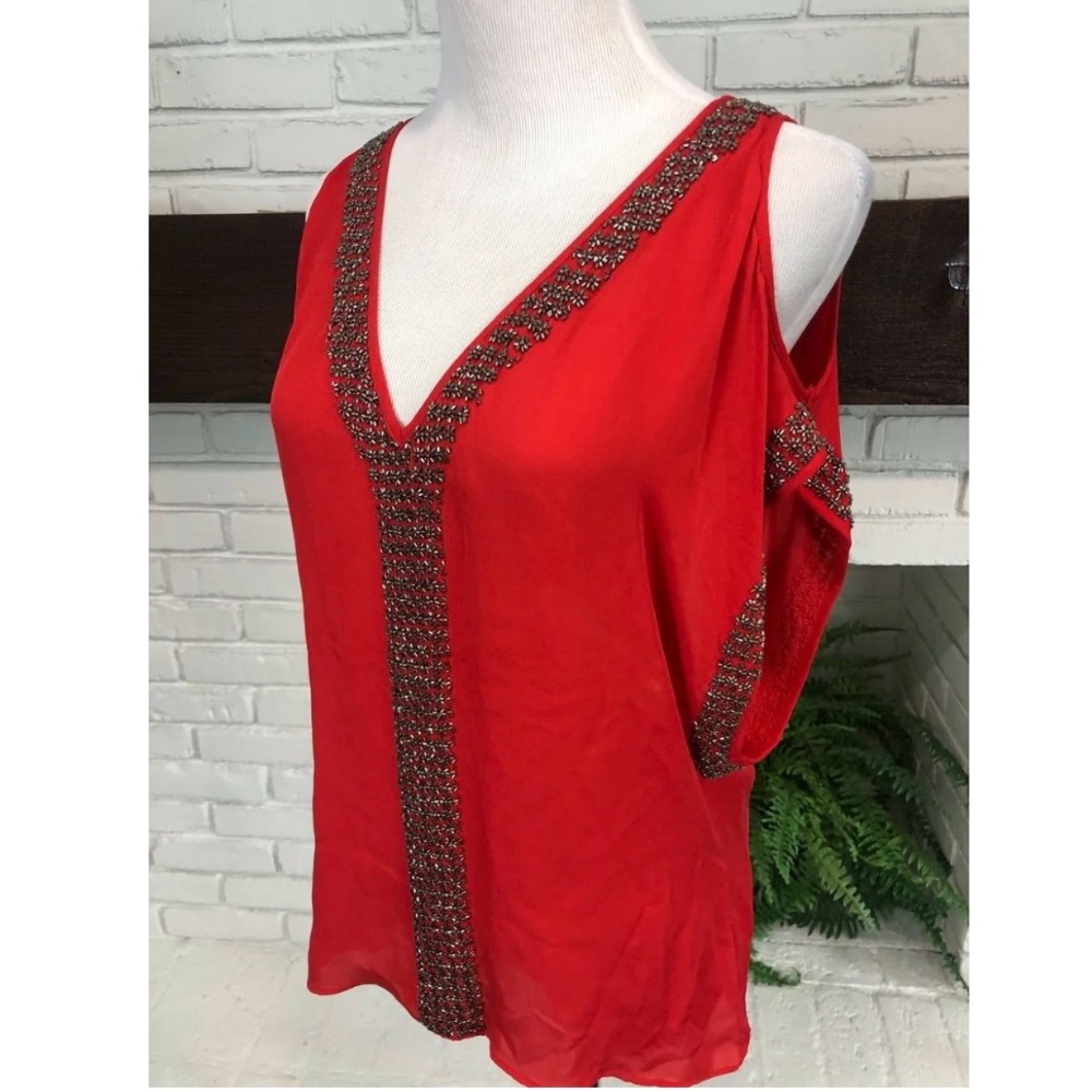 PARKER RED 100% SILK COLD SHOULDER TOP BEADED SIZE S